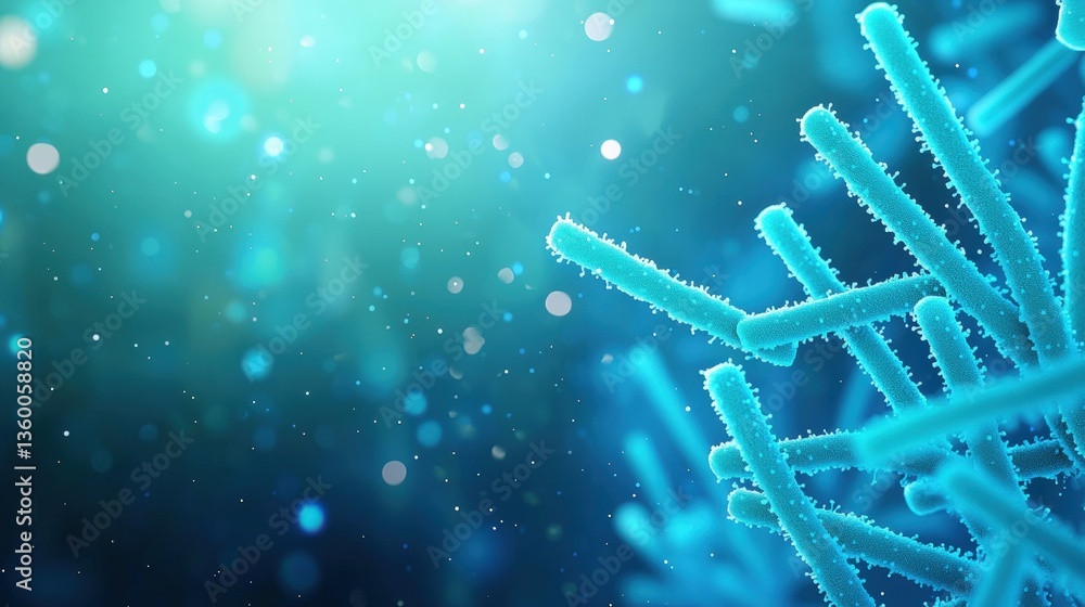 Poster a close-up view of fine, blue microstructures floating in a blurred, luminescent background, evoking