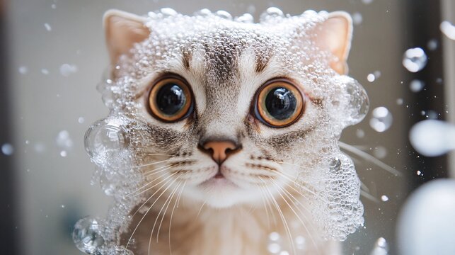 Wide Eyed Kitty Cat in Bubble Bath A Gentle and Tender Moment of Cute Feline Friendliness