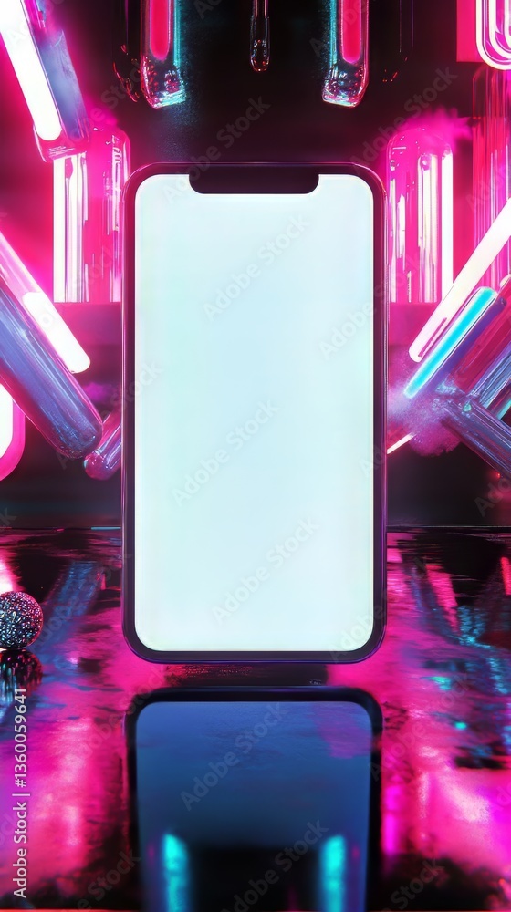 Poster smartphone display mockup surrounded by neon lights, perfect for showcasing mobile app designs and i