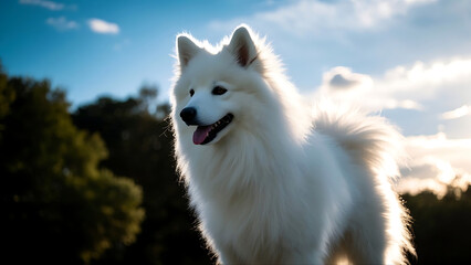 Obraz premium A fluffy white Samoyed dog stands outdoors, with a blue sky and scattered clouds in the background, surrounded by green trees, exuding a lively and cheerful atmosphere.