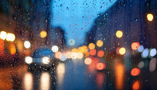 Luces de coches desenfocados vistos a trav&eacute;s del cristal mojado de un auto con gotas de agua de lluvia conduciendo por la noche en la ciudad