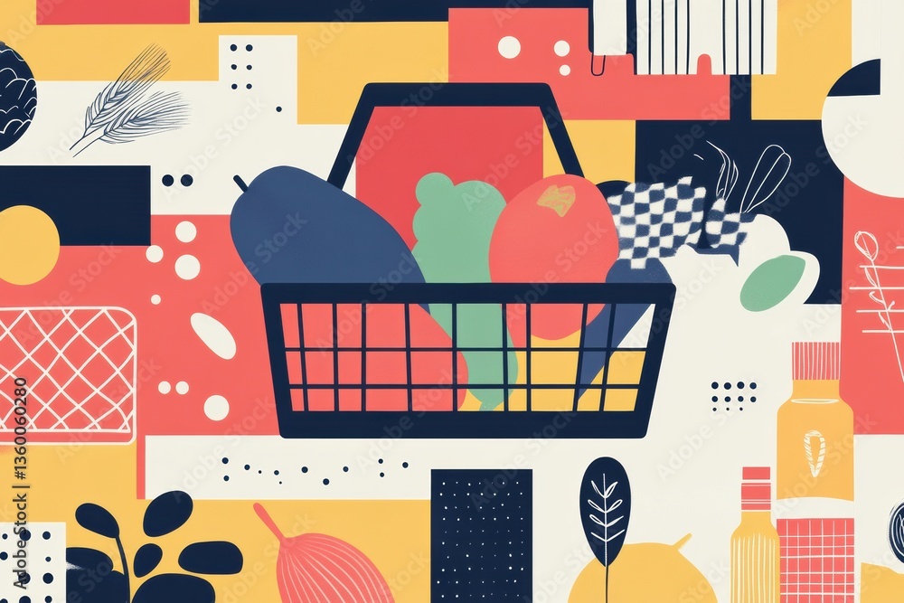 Poster stylish abstract grocery shopping theme with geometric shapes and bold colors in modern design gener