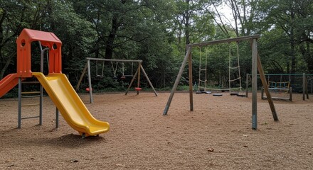 Vibrant playground equipment in a verdant park setting, children's playscape