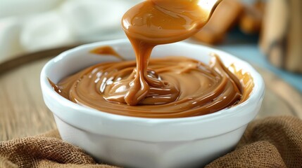 Tasty sweet creamy Dulce de leche on bowl of traditional homemade food menu