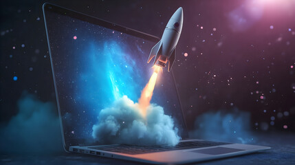 Rocket Launching from Laptop Representing Innovation and Technology Concepts.