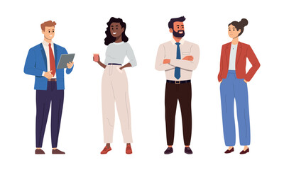 Fototapeta premium Diverse business people set. Vector illustration in flat style of diverse cartoon young men and women in office outfits. Isolated on background. Men and women employees, office workers, entrepreneurs.