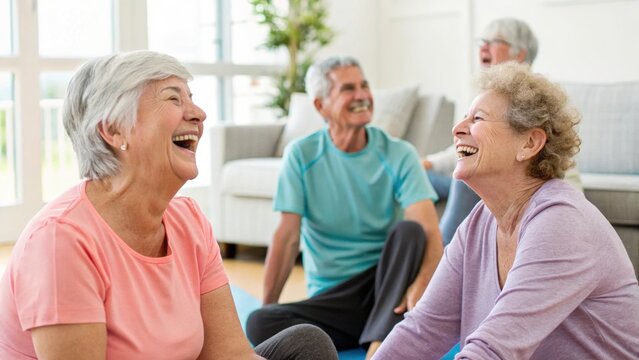 Wellness and fitness for seniors concept. Cheerful seniors laughing and enjoying each other's company in a bright, comfortable living space.