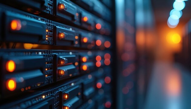 Close-up server rack with data connection lights, dark room background. Abstract blurred banner for web design. Data center infrastructure, hosting tech, network, cloud computing.