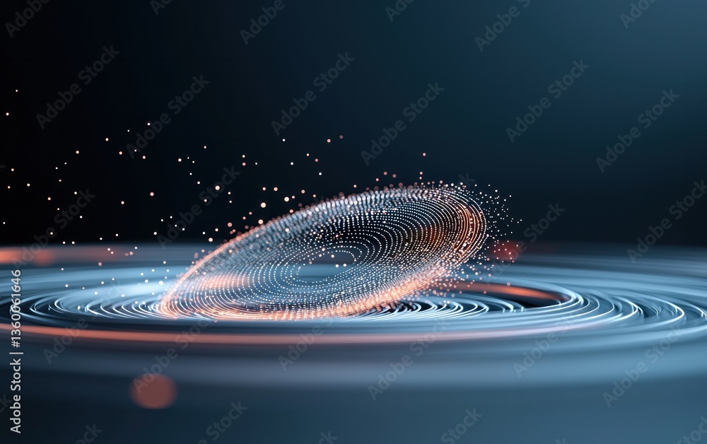 Poster abstract digital art depicting a glowing, particle-based object resembling an ellipse, floating abov
