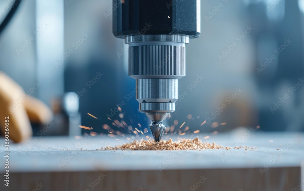 Poster close-up view of a drill bit puncturing a wooden surface, creating sparks and wood shavings. the ima