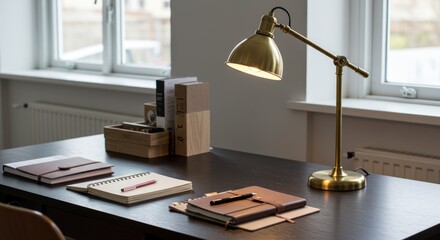 Desk with lamp, notebooks, pen, and books. Simple, clean, and modern.