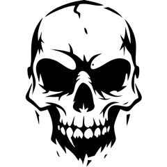 Fototapeta premium a human skull depicted in monochrome style, with an ominous and detailed representation. The skull features prominent eye sockets, nasal cavity, and teeth