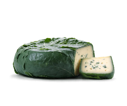 Artisanal Cornish Yarg Cheese, A Culinary Delight Featuring a Round of Cheese Wrapped in Fresh Nettle Leaves, Isolated for Visual Emphasis and Appreciation