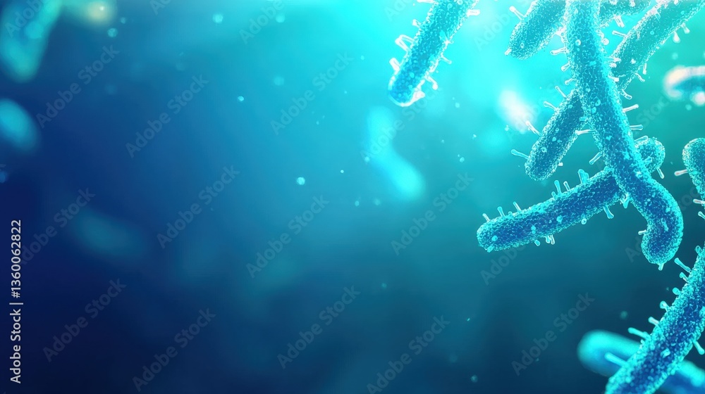 Poster a close-up view of microscopic bacteria floating in a vibrant blue environment, showcasing intricate