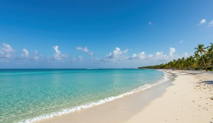 Obraz premium Scenic view of a pristine beach with turquoise water and palm trees.