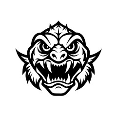 Fototapeta premium An intense, black-and-white illustration of a fierce, monstrous creature's face, teeth bared in a threatening snarl. This artwork exudes power and intimidation
