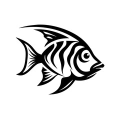 Fototapeta premium Black and white illustration of a striped fish with fins. The fish is shown in profile view, with its body angled slightly to the right. The illustration has a stylized and graphic quality
