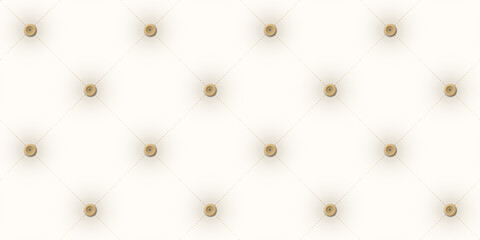 Fototapeta premium 3D light cream upholstery leather texture background with brass buttons and dash line seamless pattern graphic illustration.