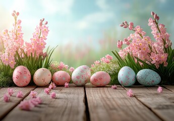 Colorful Easter Eggs Surrounded by Blossoming Flowers and Soft Green Grass in a Serene Pastoral Setting with Gentle Sunshine