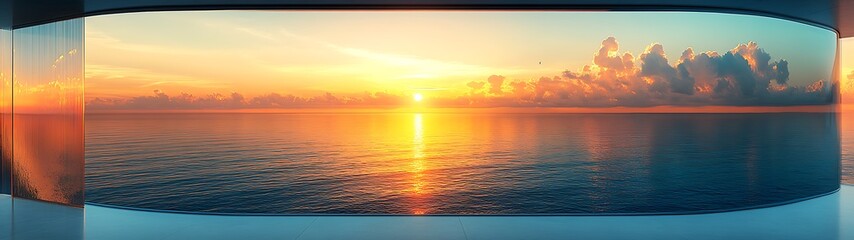 Fototapeta premium A beautiful sunset over a calm ocean view through a window