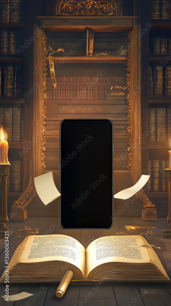 Poster a smartphone is displayed in front of an open book, illuminated by candlelight in a classic library.