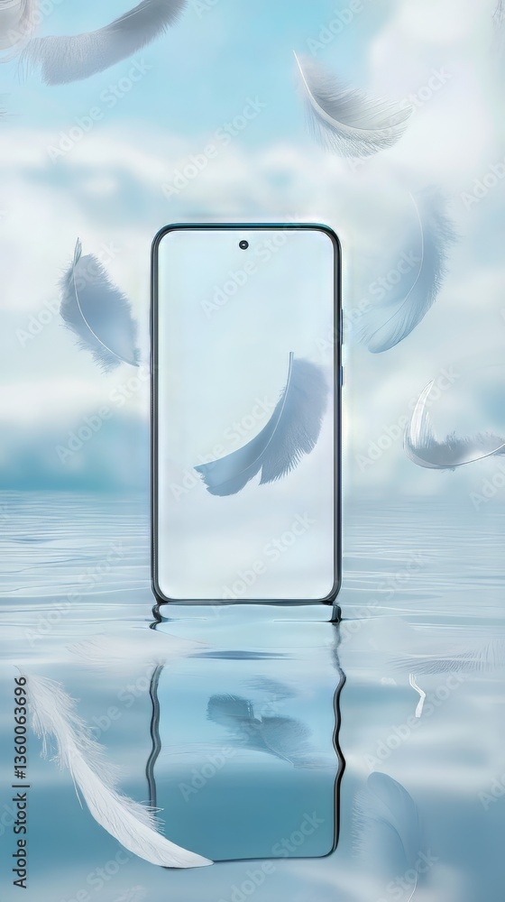 Poster sleek device floats amongst the clouds and feathers, creating a tranquil tech experience