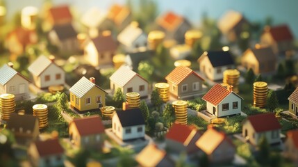 Tiny houses, golden coins forming a property landscape, 3D illustration. 