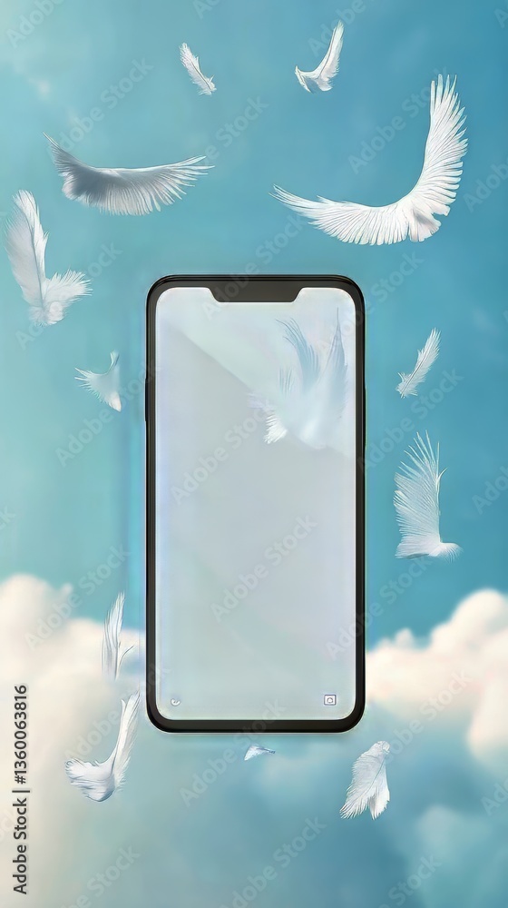 Poster smartphone surrounded by floating feathers against a sky background, creating a dreamy atmosphere.