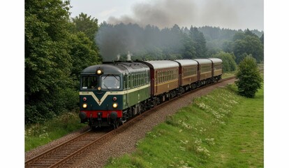 Obraz premium Vintage diesel train travels through a lush green countryside landscape.