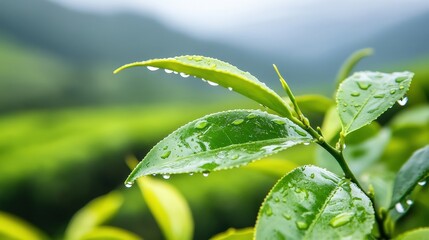 Obraz premium Macro Shot of Water Droplets on Tea Tree Leaves Reflecting the Natural Environment