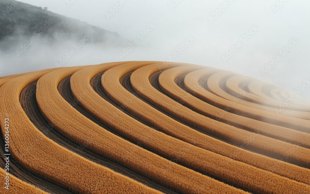 Poster rolling hills of golden wheat fields in a misty landscape. the concentric curves of the farmland cre