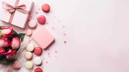 Valentine's day present concept with gift box and red heart copy space pink background. Generate AI