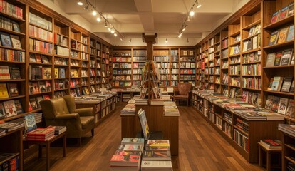 A cozy bookstore interior filled with books on shelves and displays.