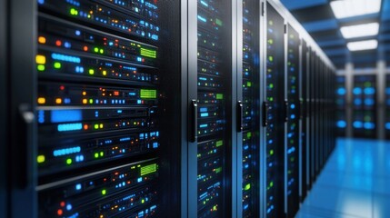 Rows of Sleek Black Server Racks in a Modern Data Center with Colorful Indicator Lights Creating a Stunning Technological Infrastructure Visual Scene
