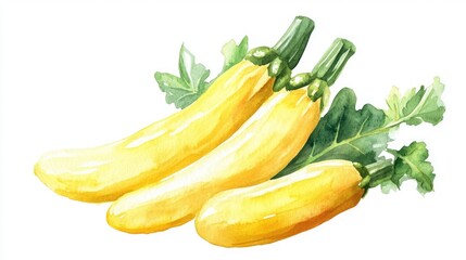 Vibrant Watercolor Painting of Three Yellow Zucchini with Lush Green Leaves