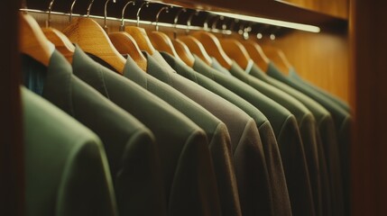 Obraz premium A neatly arranged row of tailored suits hanging in a wooden wardrobe, showcasing elegance and style