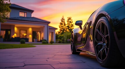 A sleek sports car parked in a luxurious driveway at sunset, showcasing a modern home in the background