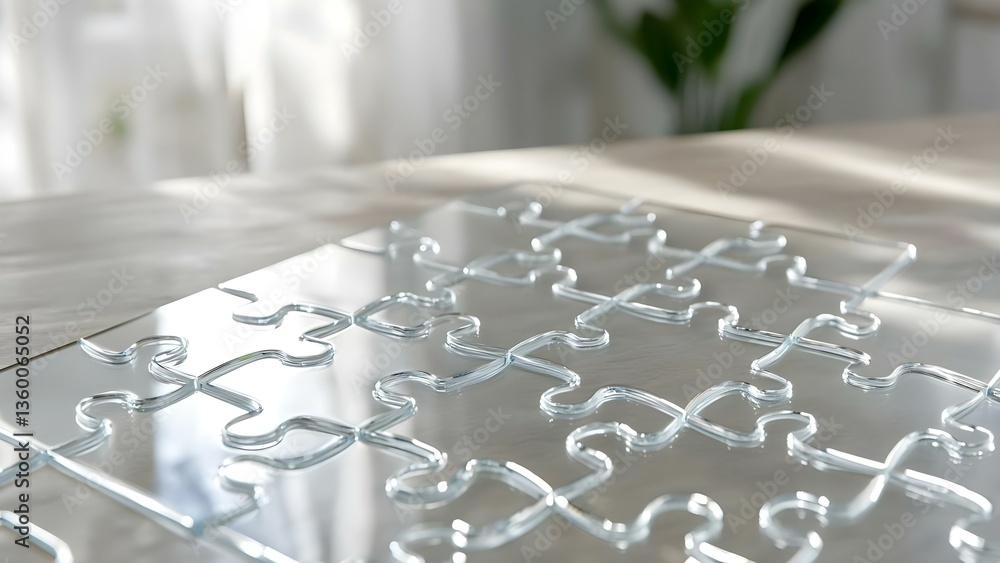 Poster a transparent jigsaw puzzle is placed on a surface with blurred background elements, showcasing its 