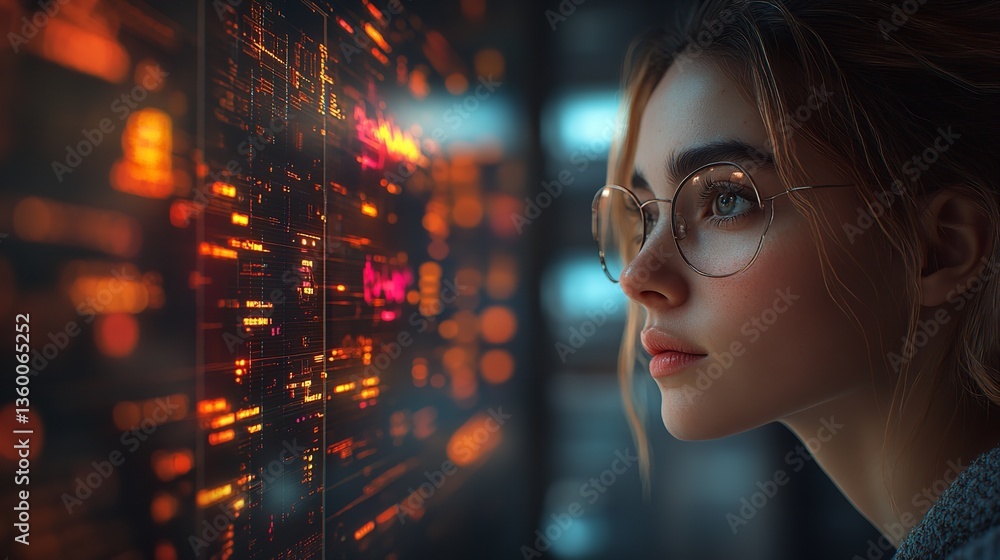 Poster a woman with glasses looking at a screen with glowing digital information and data patterns displaye