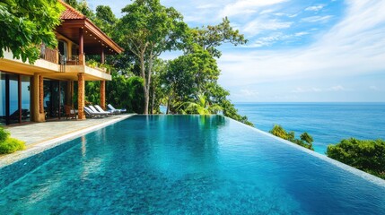 Obraz premium Luxurious oceanfront villa with infinity pool surrounded by lush greenery and clear blue skies