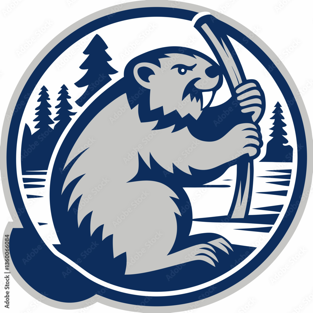 Poster a beaver sitting with a branch inside the circle with trees