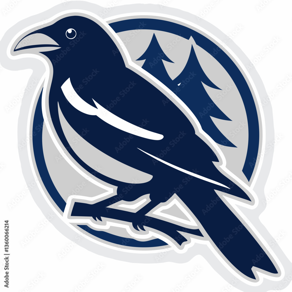 Poster an emblem featuring a sleek raven perched on a branch within a circular frame. two trees are depicte