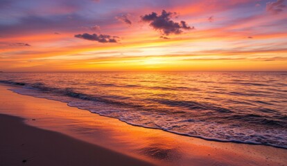 Fiery sunset over a tranquil beach, waves lapping on the shore, golden hour glow.