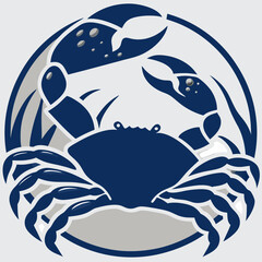 an illustration of a crab with its claws raised in a circular frame, featuring a marine theme. The illustration showcases a bold, graphic design with a focus on the crab's form and texture