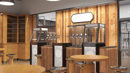Restaurant bar interior with wood bar counter. 3d illustration