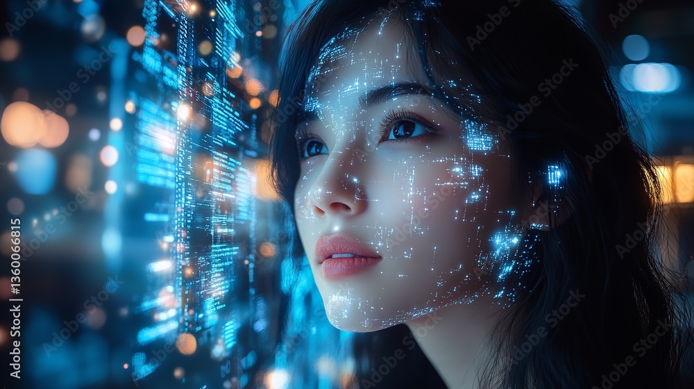 Aufkleber a woman looking at a digital display with glowing code and bokeh lights in the background scene toni