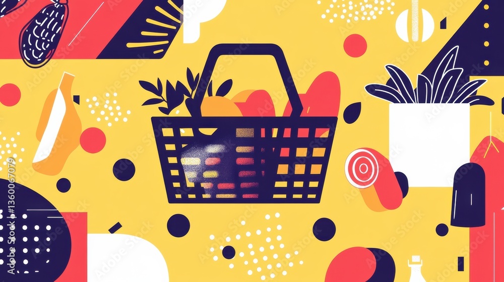 Poster Stylish abstract grocery shopping theme featuring geometric shapes and bold colors for modern decor Generative AI