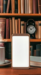 Smartphone on desk with books and coffee cup. Technology meets tradition, capturing a cozy scholarly mood.