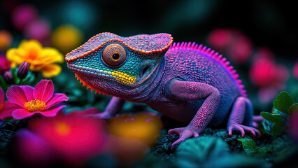 Obraz premium Camaleón multicolor entre flores híbridas. Perfecta para contenido relacionado con reptiles, naturaleza, fauna exótica, y fotografía de jardines y plantas.