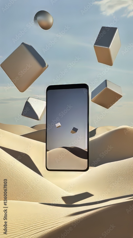 Aufkleber abstract mobile phone standing in a desert landscape with geometrical shapes floating around it.